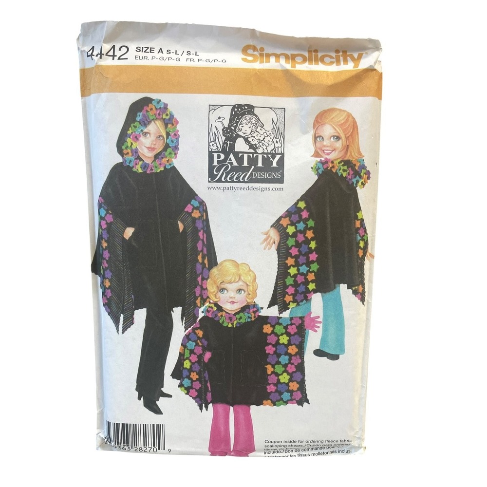 Simplicity 4442 Poncho Hooded Flowers Misses S-L Child S-L Sewing Pattern